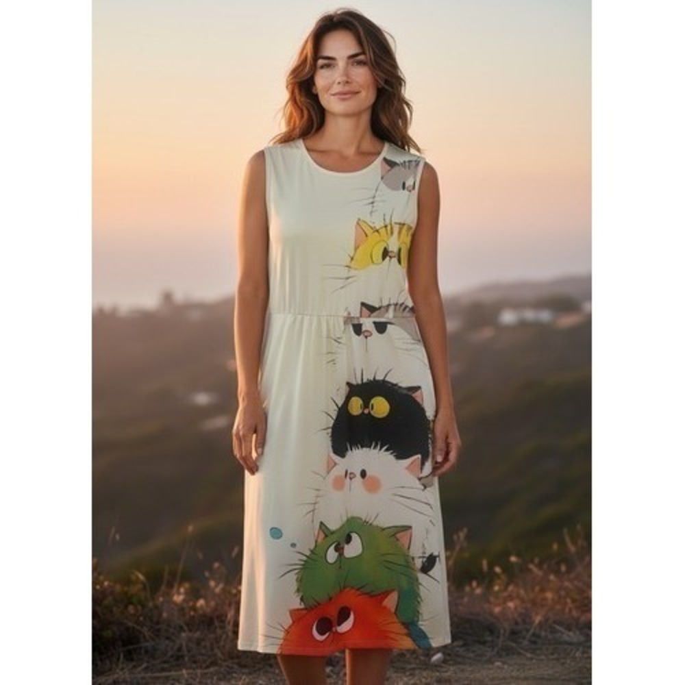Ivory Cute Funny Cat Print Novelty Stretchy Sleeveless Midi‎ Dress Women S China